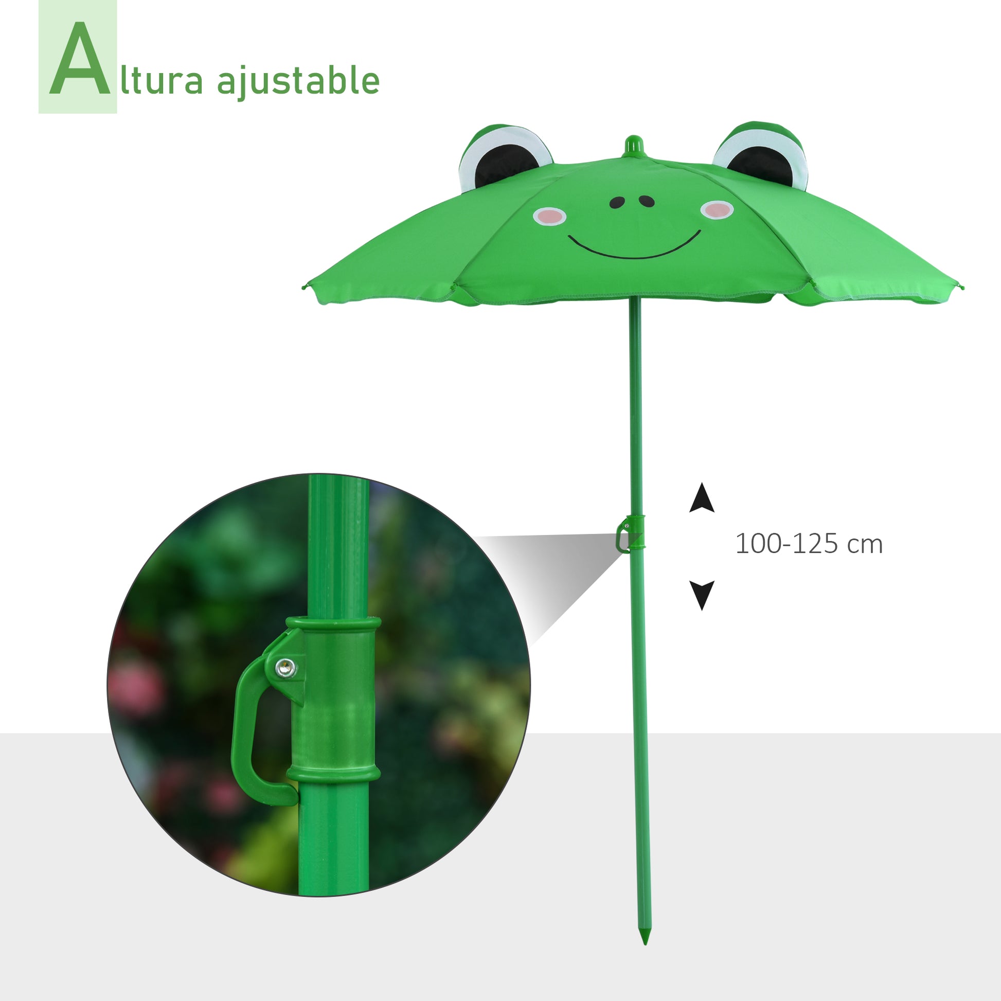 Children's Garden Table and Chairs Set Picnic Foldable Set for Kids Table with Adjustable Umbrella 100-125 cm Frog Design Green