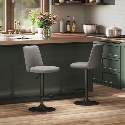 Set of 2 Swivel and Armless Height Adjustable Bar Stools in Linen Fabric, Foam and Steel, 44x53x91-111 cm, Dark Grey