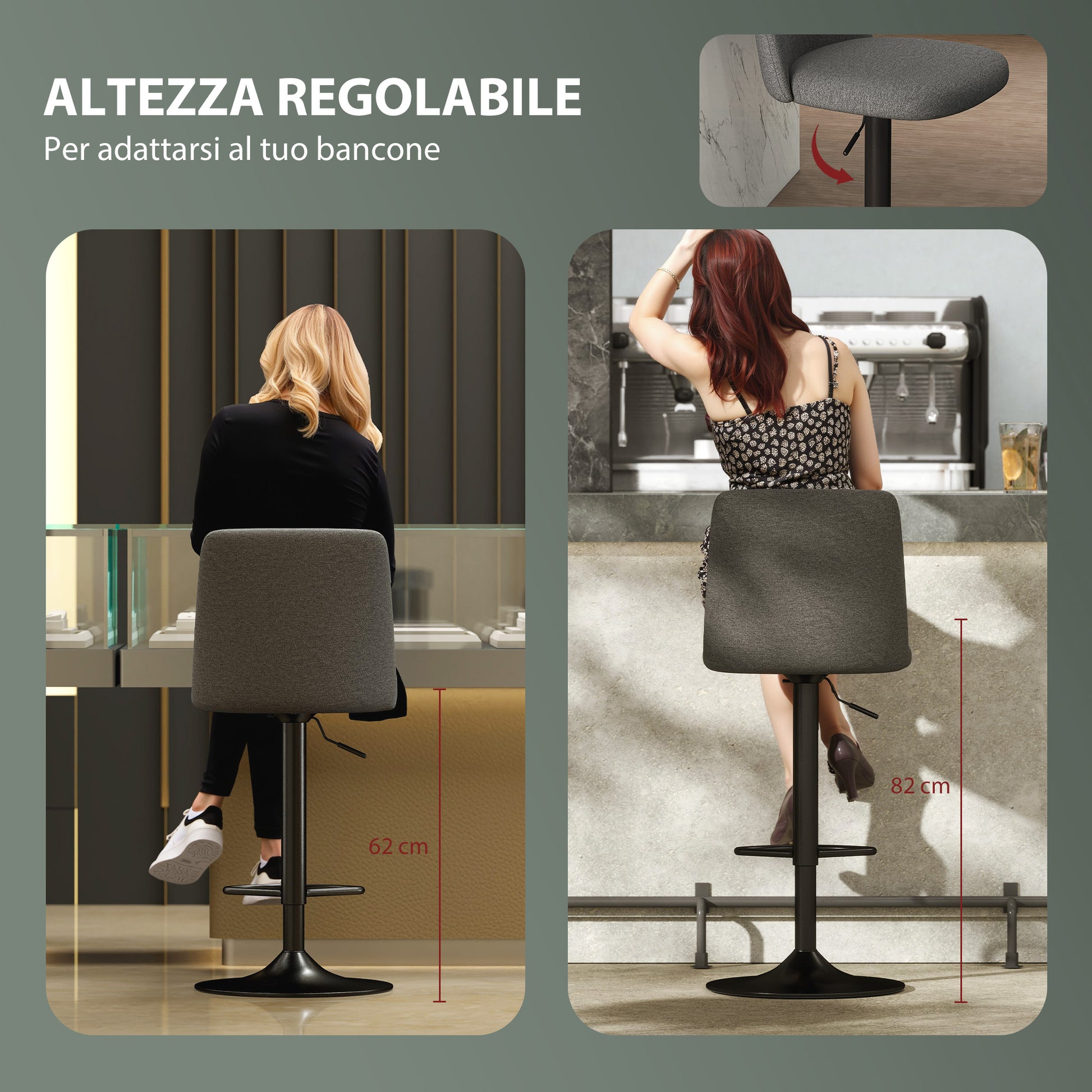 Set of 2 Swivel and Armless Height Adjustable Bar Stools in Linen Fabric, Foam and Steel, 44x53x91-111 cm, Dark Grey