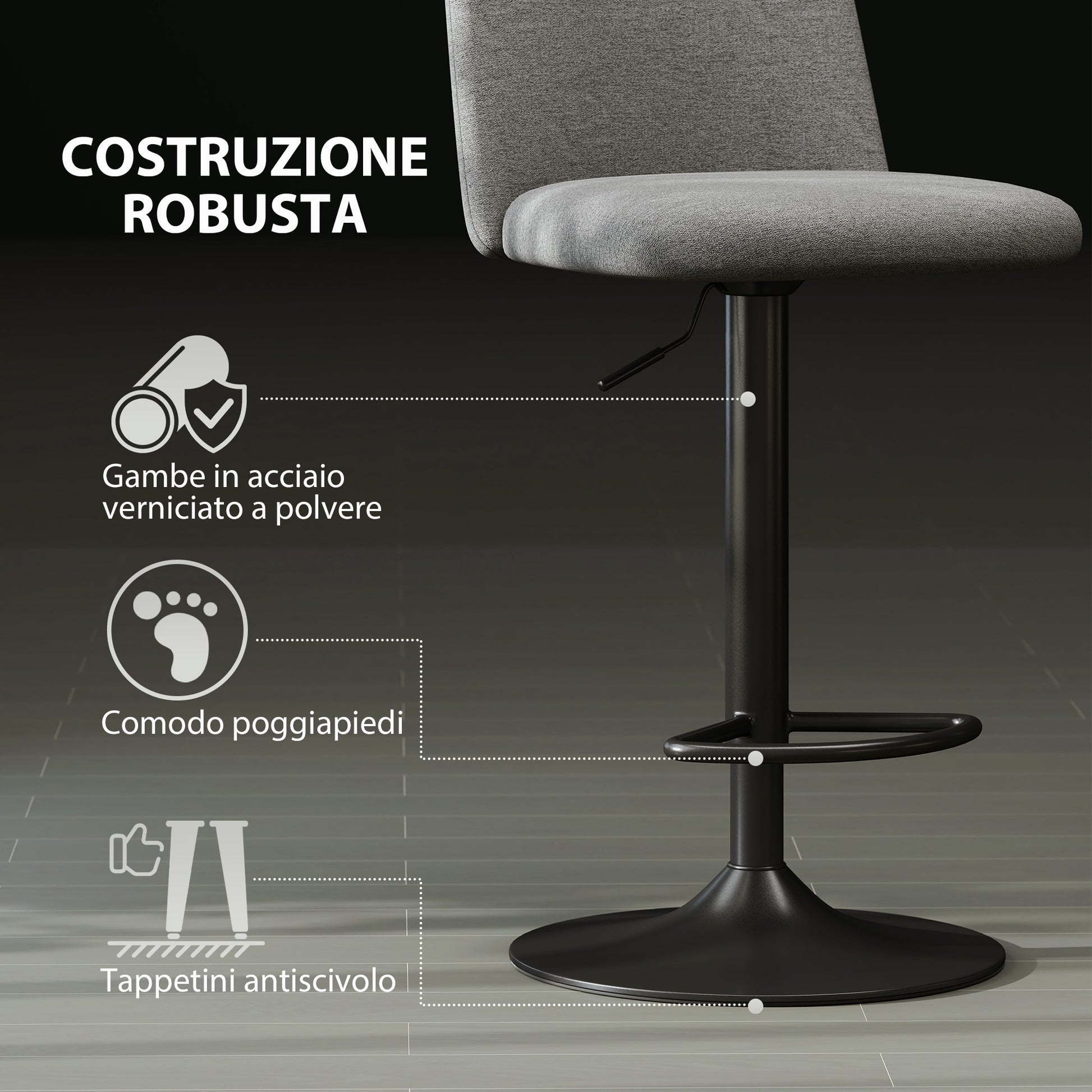 Set of 2 Swivel and Armless Height Adjustable Bar Stools in Linen Fabric, Foam and Steel, 44x53x91-111 cm, Dark Grey
