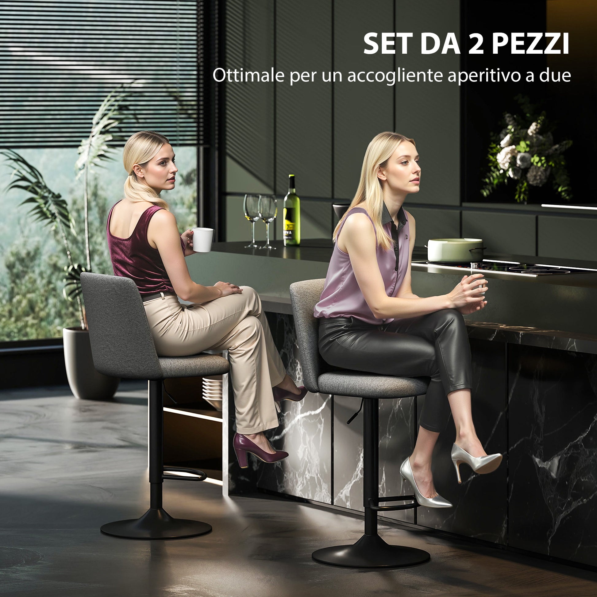 Set of 2 Swivel and Armless Height Adjustable Bar Stools in Linen Fabric, Foam and Steel, 44x53x91-111 cm, Dark Grey