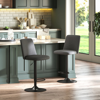 Set of 2 Swivel and Armless Height Adjustable Bar Stools in Linen Fabric, Foam and Steel, 44x53x91-111 cm, Dark Grey