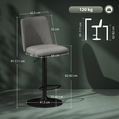 Set of 2 Swivel and Armless Height Adjustable Bar Stools in Linen Fabric, Foam and Steel, 44x53x91-111 cm, Dark Grey