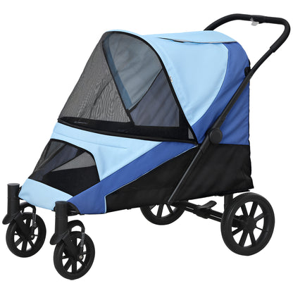 Dog Stroller Folding Stroller for Large Dogs up to 30 kg with Large Wheels Safety Straps Shock Absorber Washable Cushion 124x67x100 cm Blue