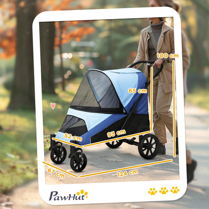 Dog Stroller Folding Stroller for Large Dogs up to 30 kg with Large Wheels Safety Straps Shock Absorber Washable Cushion 124x67x100 cm Blue