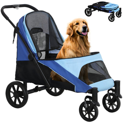 Dog Stroller Folding Stroller for Large Dogs up to 30 kg with Large Wheels Safety Straps Shock Absorber Washable Cushion 124x67x100 cm Blue