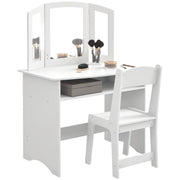 Children's Makeup Set for 3-6 Year Olds, Vanity Table with Removable Triple Mirror and Wooden Chair, White