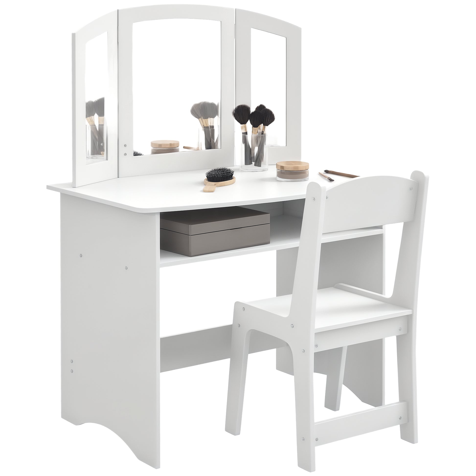 Children's Makeup Set for 3-6 Year Olds, Vanity Table with Removable Triple Mirror and Wooden Chair, White