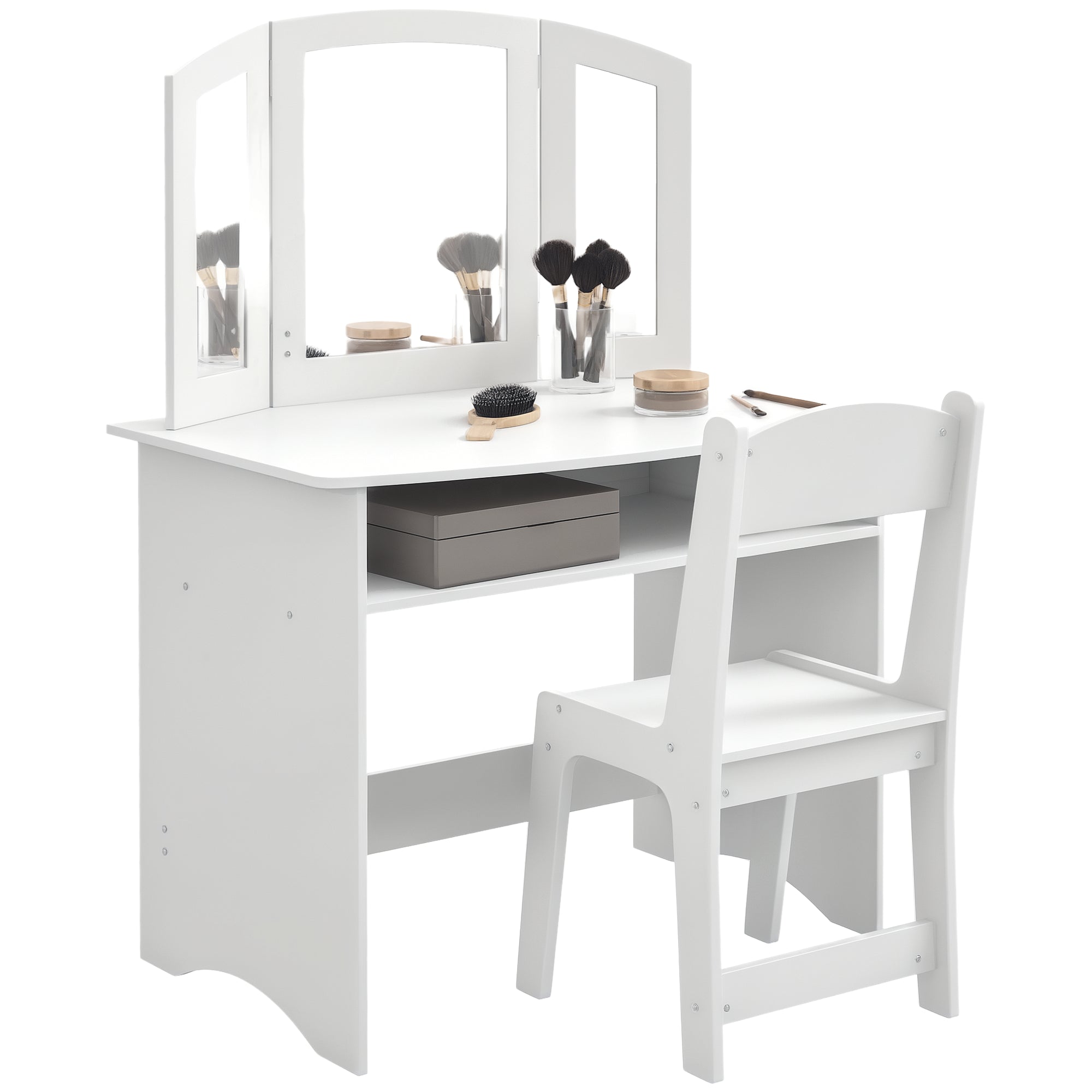 Children's Makeup Set for 3-6 Year Olds, Vanity Table with Removable Triple Mirror and Wooden Chair, White
