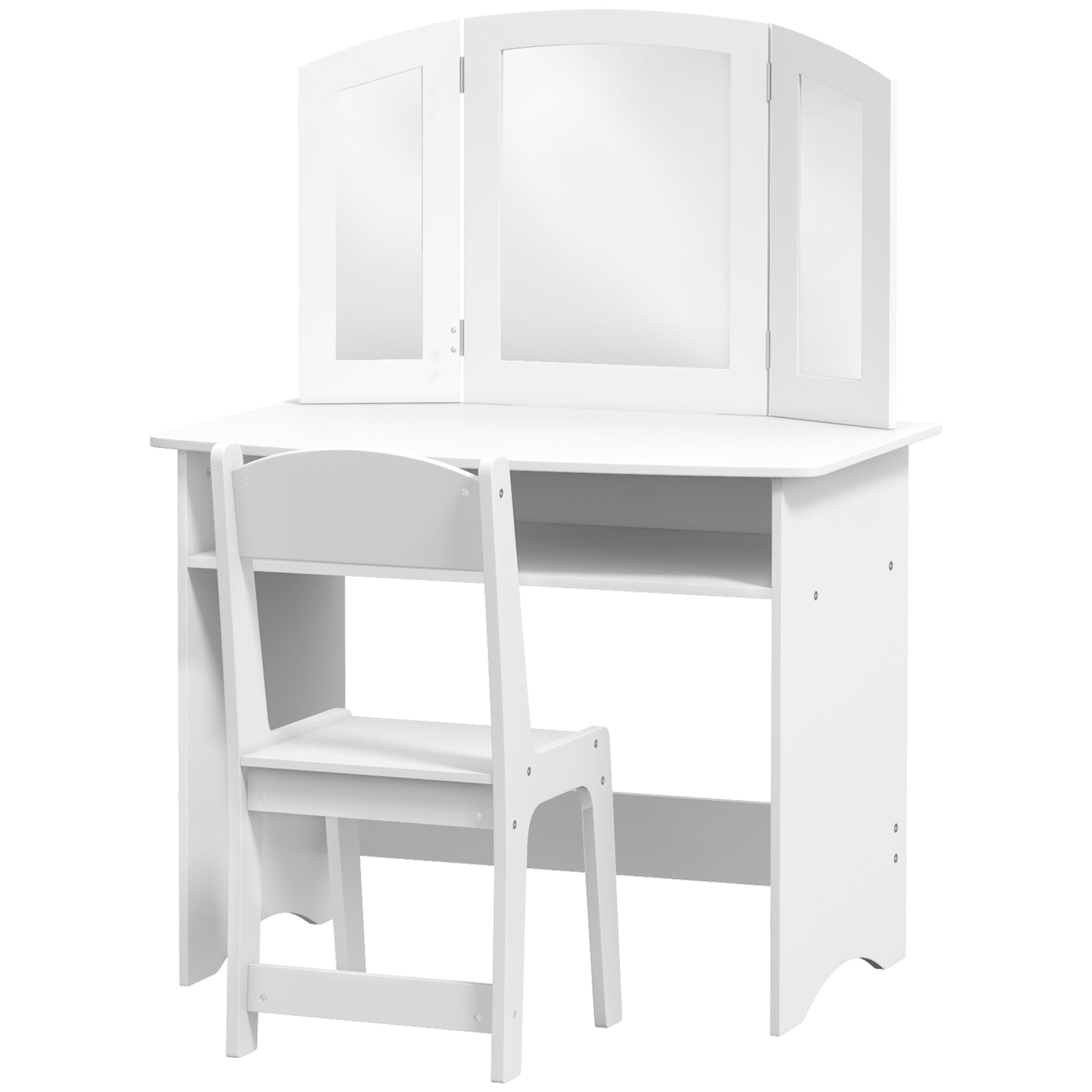 Children's Makeup Set for 3-6 Year Olds, Vanity Table with Removable Triple Mirror and Wooden Chair, White
