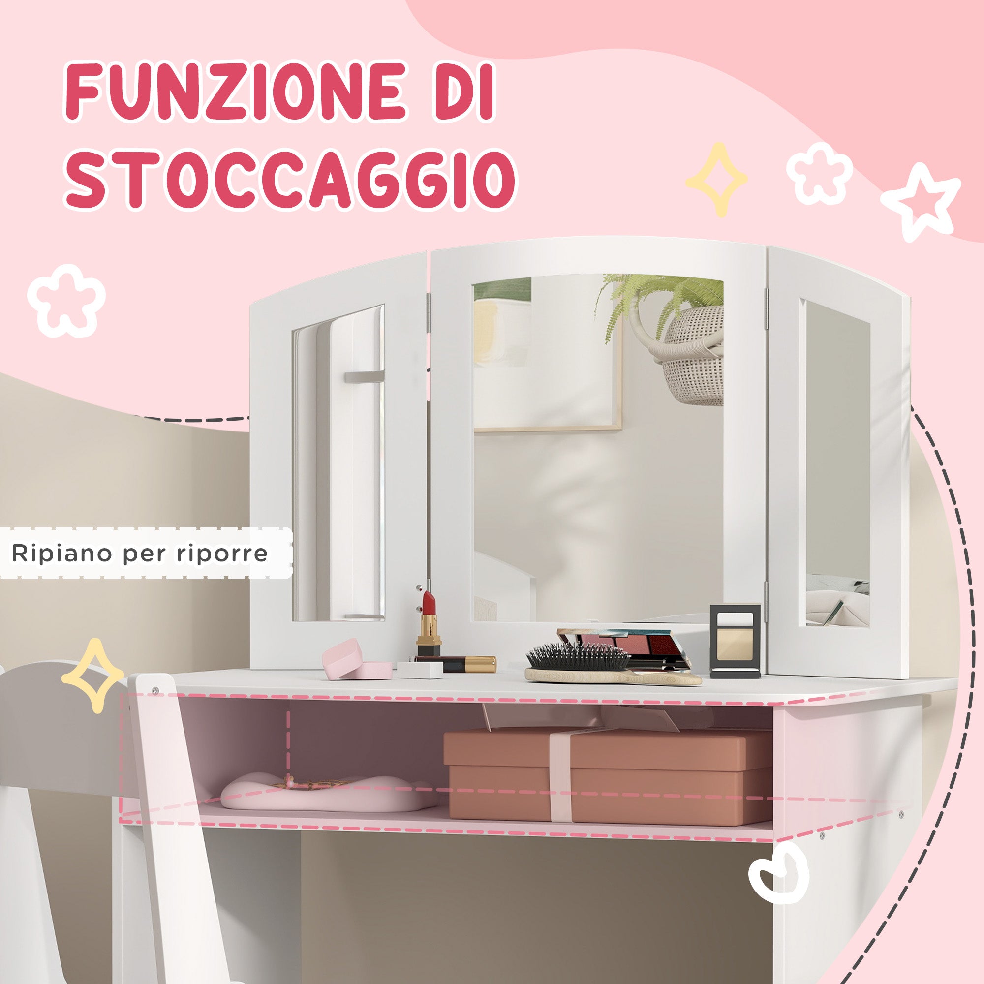 Children's Makeup Set for 3-6 Year Olds, Vanity Table with Removable Triple Mirror and Wooden Chair, White