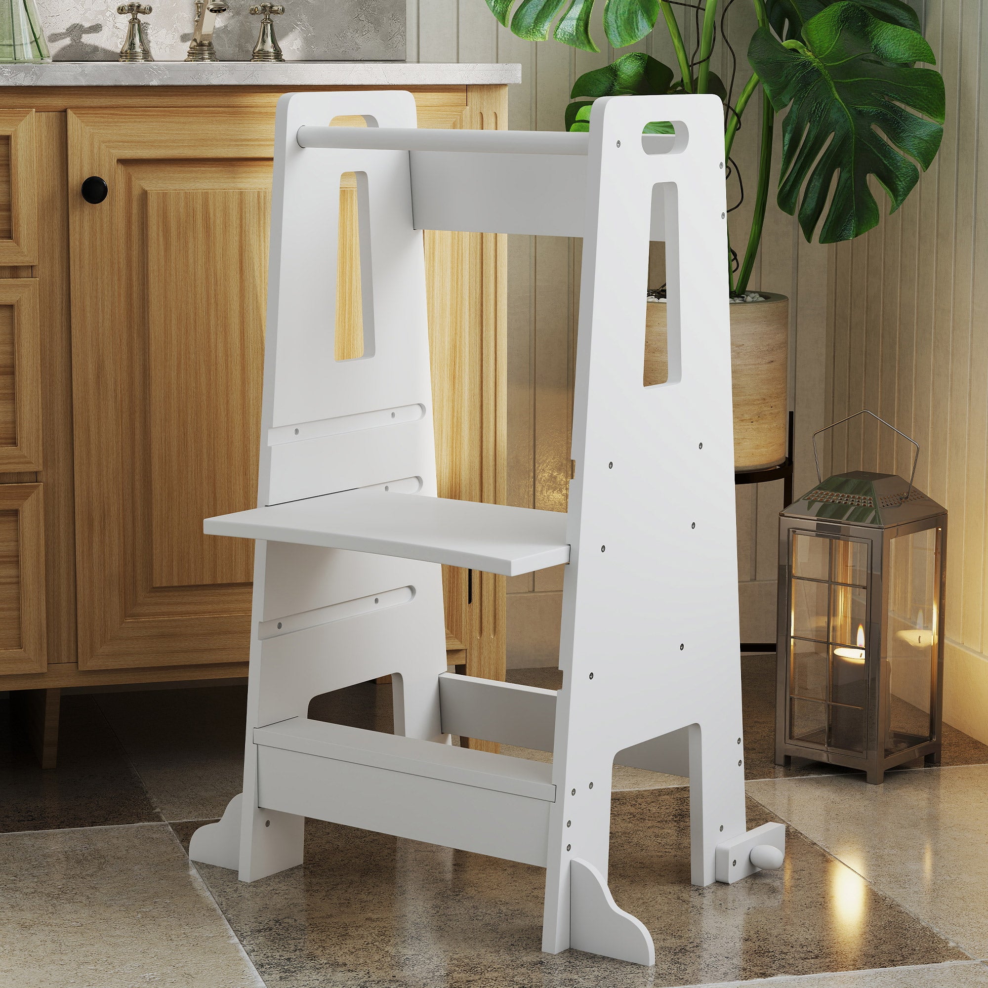 Montessori Tower for Children Adjustable on 3 Levels with Safety Bar, Montessori Staircase for Children 3-6 Years Old in Wood, for Bathroom, Kitchen, and Toilet, White