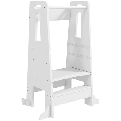 Montessori Tower for Children Adjustable on 3 Levels with Safety Bar, Montessori Staircase for Children 3-6 Years Old in Wood, for Bathroom, Kitchen, and Toilet, White