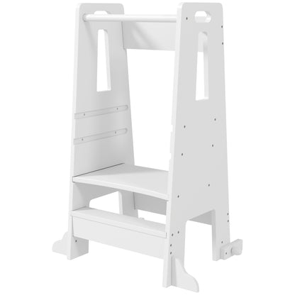 Montessori Tower for Children Adjustable on 3 Levels with Safety Bar, Montessori Staircase for Children 3-6 Years Old in Wood, for Bathroom, Kitchen, and Toilet, White