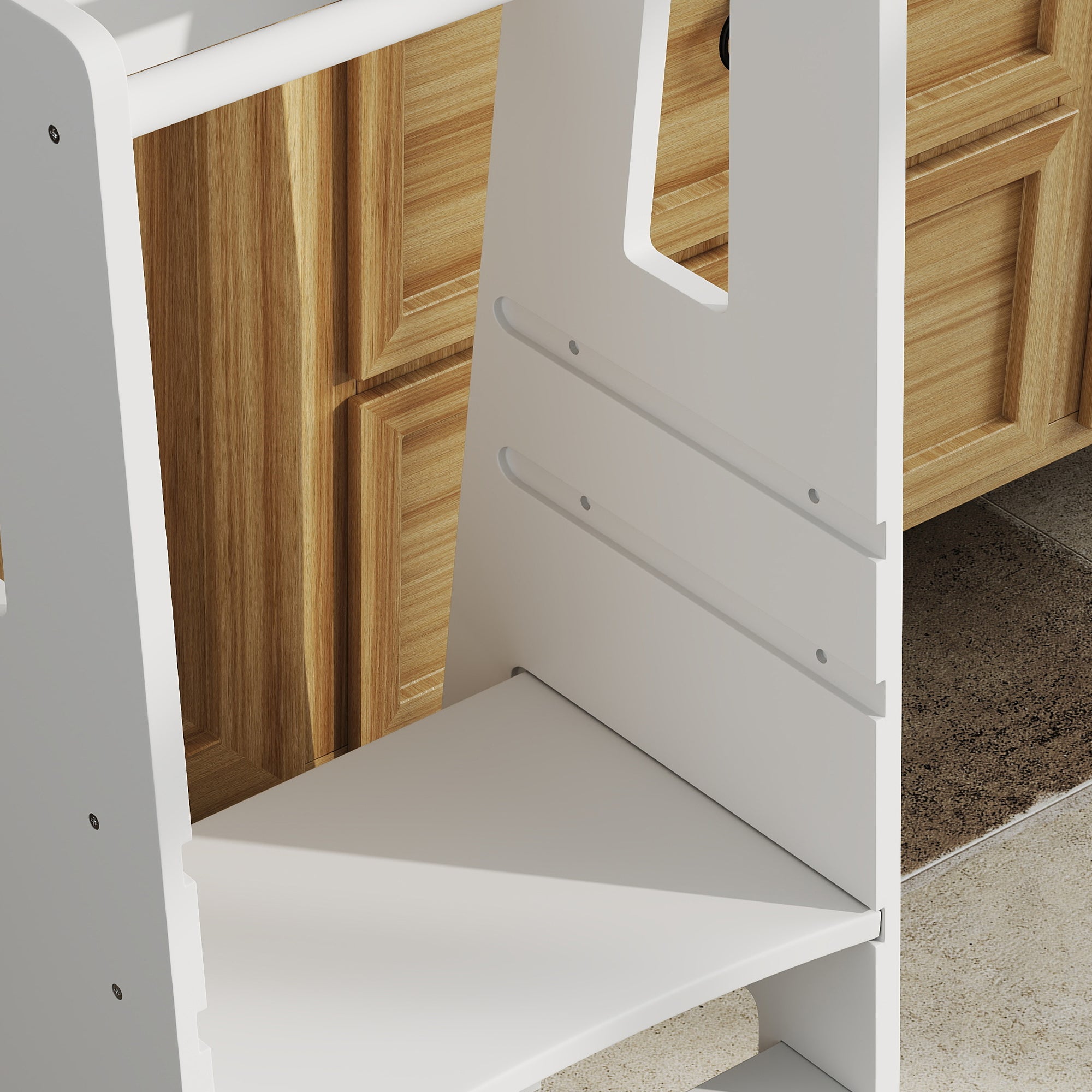 Montessori Tower for Children Adjustable on 3 Levels with Safety Bar, Montessori Staircase for Children 3-6 Years Old in Wood, for Bathroom, Kitchen, and Toilet, White
