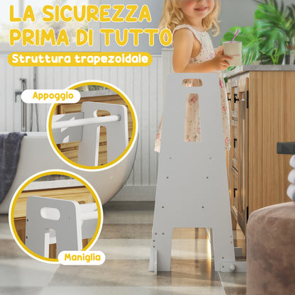 Montessori Tower for Children Adjustable on 3 Levels with Safety Bar, Montessori Staircase for Children 3-6 Years Old in Wood, for Bathroom, Kitchen, and Toilet, White