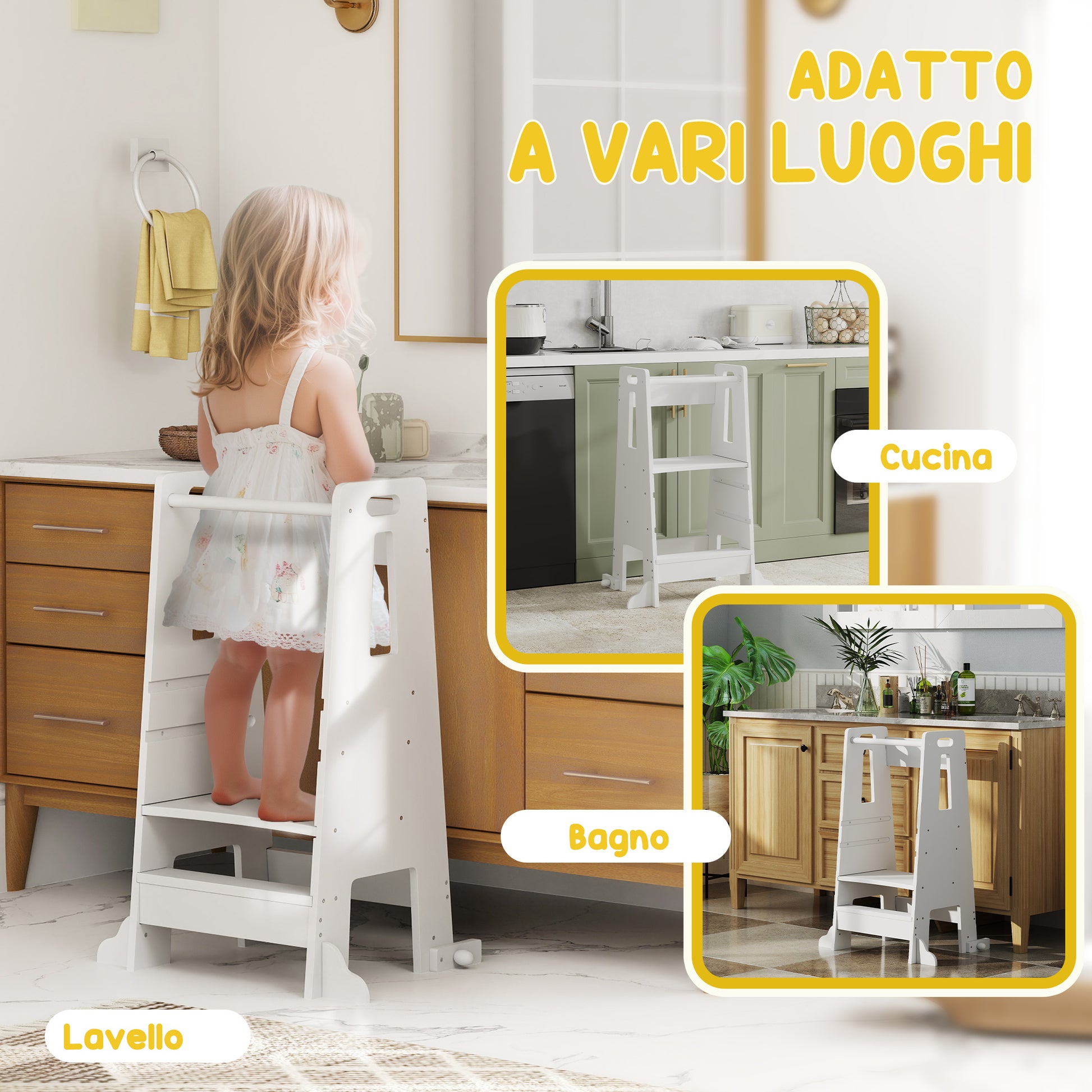 Montessori Tower for Children Adjustable on 3 Levels with Safety Bar, Montessori Staircase for Children 3-6 Years Old in Wood, for Bathroom, Kitchen, and Toilet, White