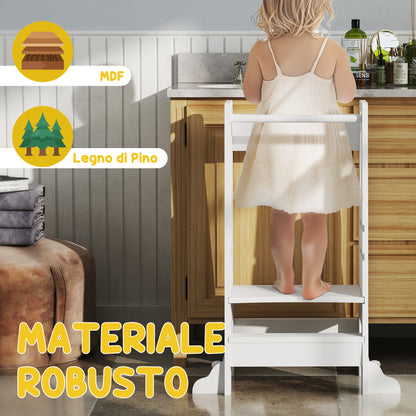 Montessori Tower for Children Adjustable on 3 Levels with Safety Bar, Montessori Staircase for Children 3-6 Years Old in Wood, for Bathroom, Kitchen, and Toilet, White