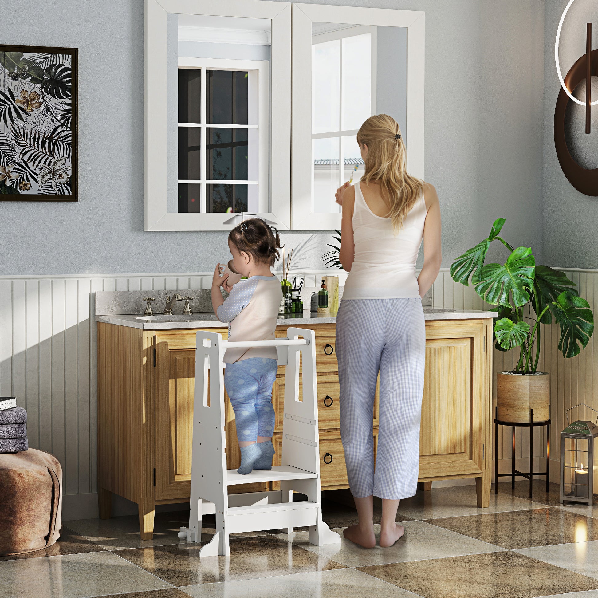 Montessori Tower for Children Adjustable on 3 Levels with Safety Bar, Montessori Staircase for Children 3-6 Years Old in Wood, for Bathroom, Kitchen, and Toilet, White