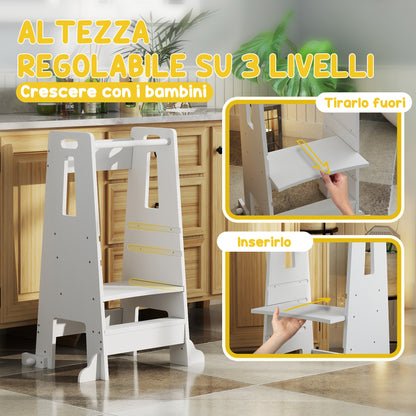 Montessori Tower for Children Adjustable on 3 Levels with Safety Bar, Montessori Staircase for Children 3-6 Years Old in Wood, for Bathroom, Kitchen, and Toilet, White