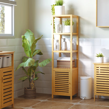Bathroom Cabinet Slim, Tall Toilet Cabinet with 3 Open Shelves, Bamboo Bathroom Cabinet for Small Spaces, Living Room, Bathroom 36 x 33 x 140 cm Natural