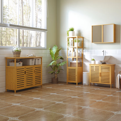 Bathroom Cabinet Slim, Tall Toilet Cabinet with 3 Open Shelves, Bamboo Bathroom Cabinet for Small Spaces, Living Room, Bathroom 36 x 33 x 140 cm Natural