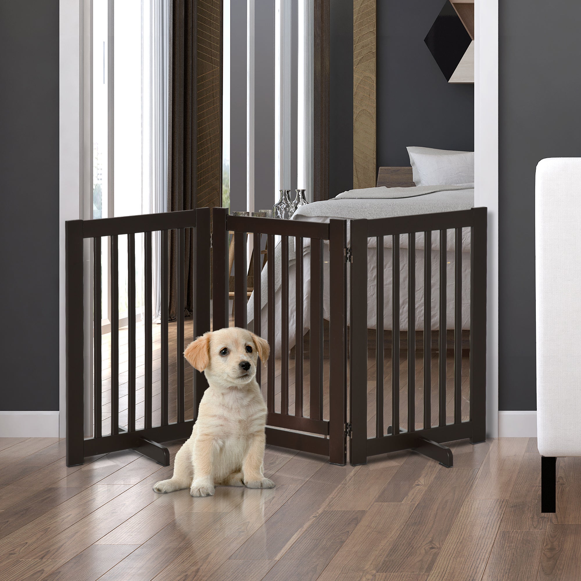 Wooden Barrier Gate Freestanding Pet Gate for Dogs Door Guard Adjustable Dog Gate Stair Gate with Feet Foldable Fireplace Gate for Stove Dark Brown 155 x 1.5 x 76 cm