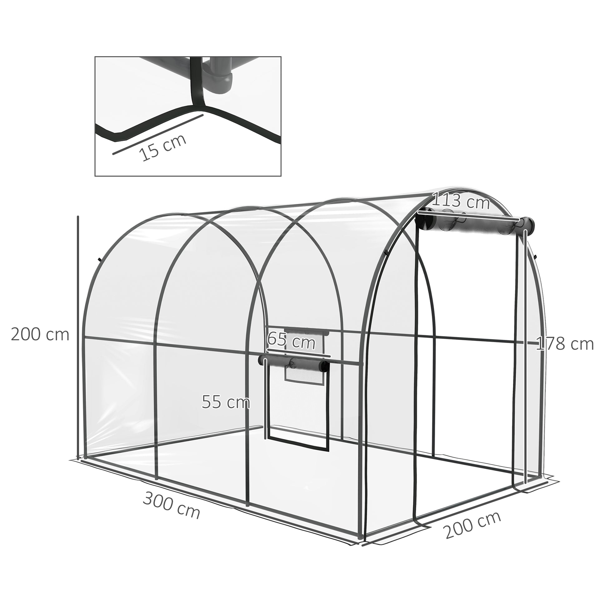 Garden Greenhouse Tunnel Tomato Greenhouse Ground Surface 6 m² 3L x 2W x 2H m Reinforced Tubular Frame Zippered Door 2 Roll-Up Windows - Transparent