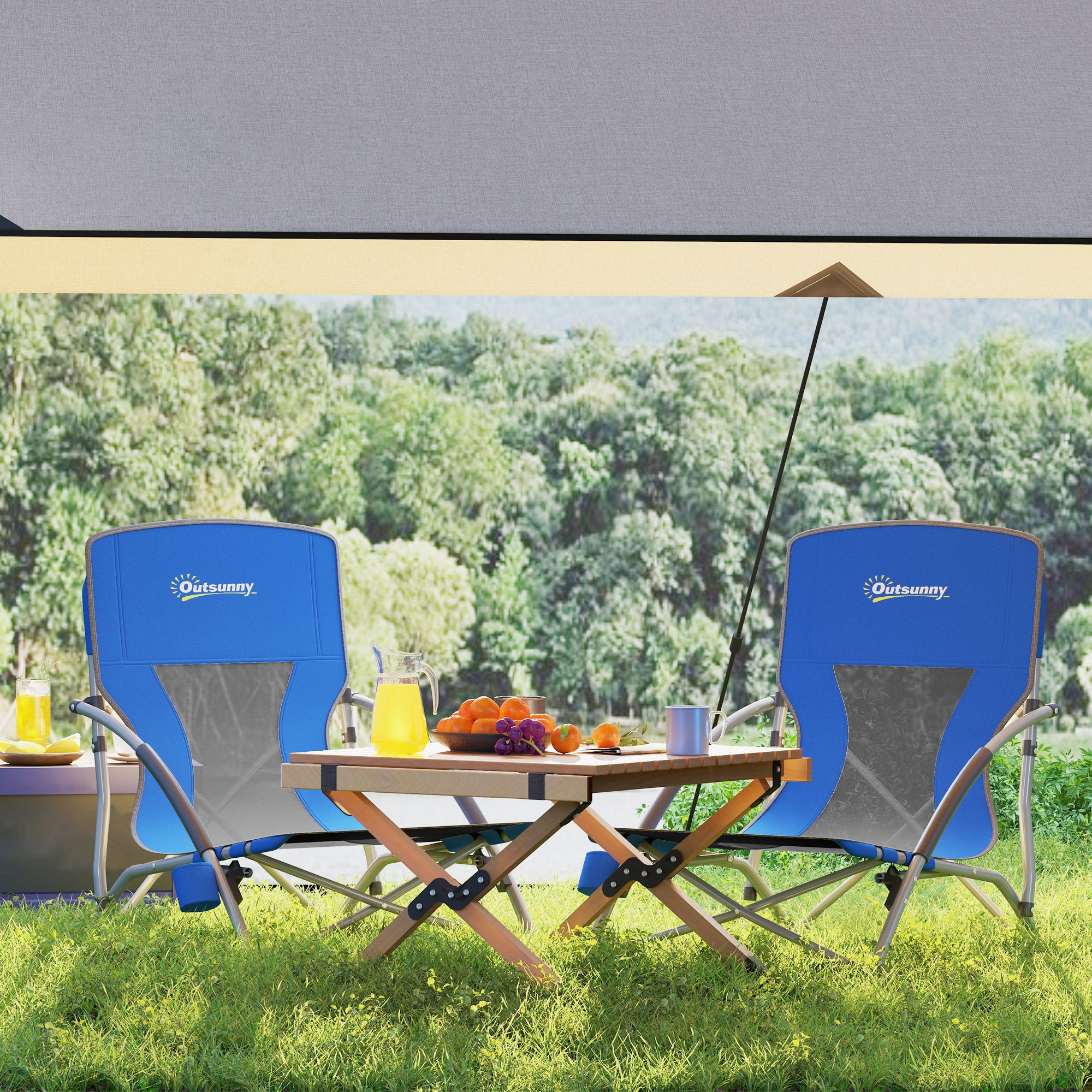 Pack of 2 Lightweight Foldable Beach Chairs Portable Low Camping Chairs with Mesh Backrest Cup Holder Armrests and Transport Bag for Camping Garden Fishing Load 120 kg Blue