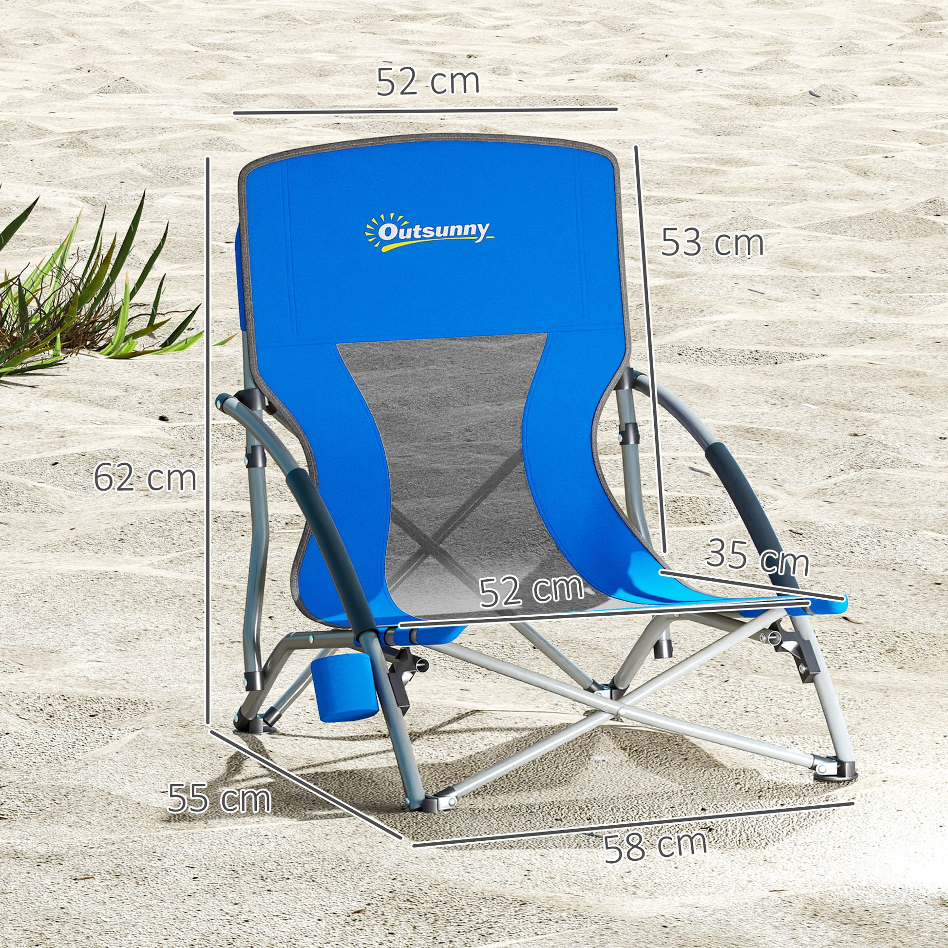 Pack of 2 Lightweight Foldable Beach Chairs Portable Low Camping Chairs with Mesh Backrest Cup Holder Armrests and Transport Bag for Camping Garden Fishing Load 120 kg Blue