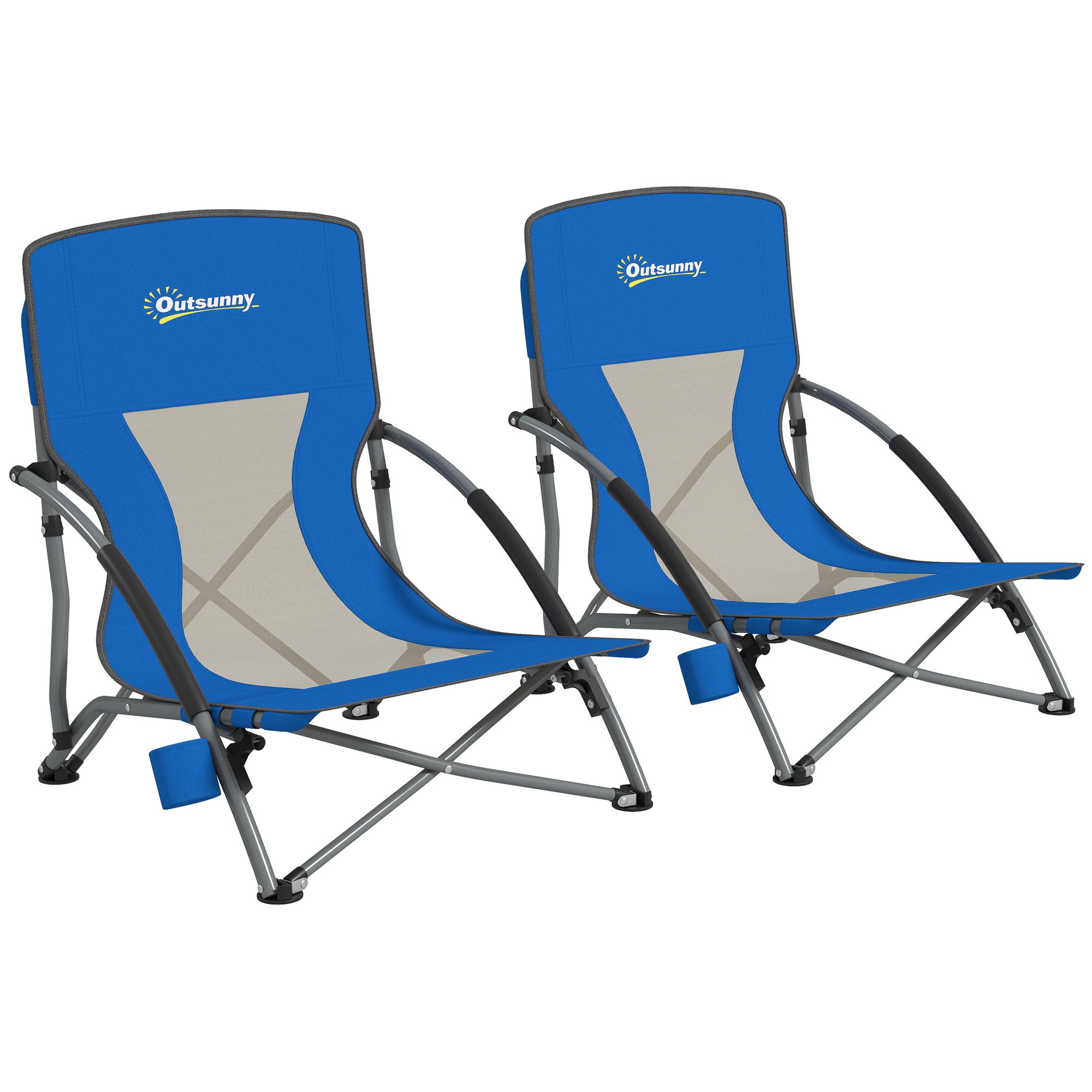 Pack of 2 Lightweight Foldable Beach Chairs Portable Low Camping Chairs with Mesh Backrest Cup Holder Armrests and Transport Bag for Camping Garden Fishing Load 120 kg Blue