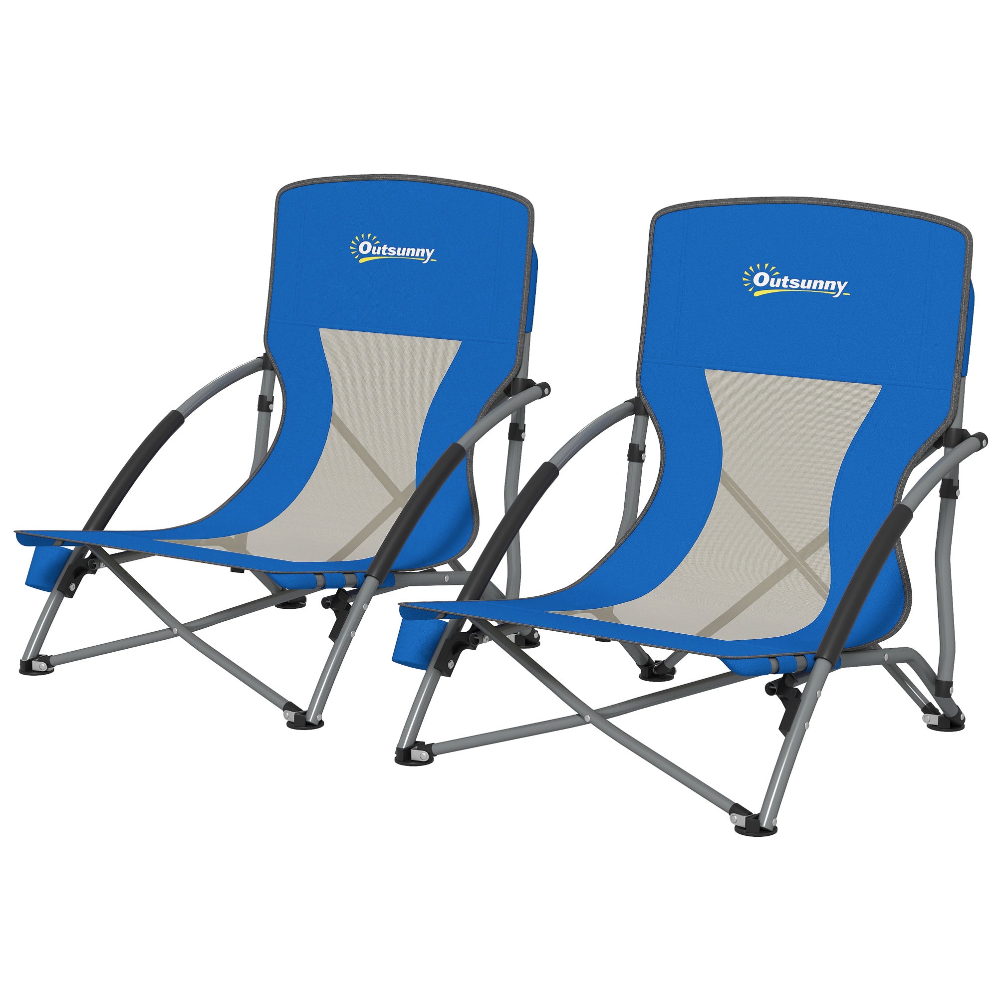 Pack of 2 Lightweight Foldable Beach Chairs Portable Low Camping Chairs with Mesh Backrest Cup Holder Armrests and Transport Bag for Camping Garden Fishing Load 120 kg Blue