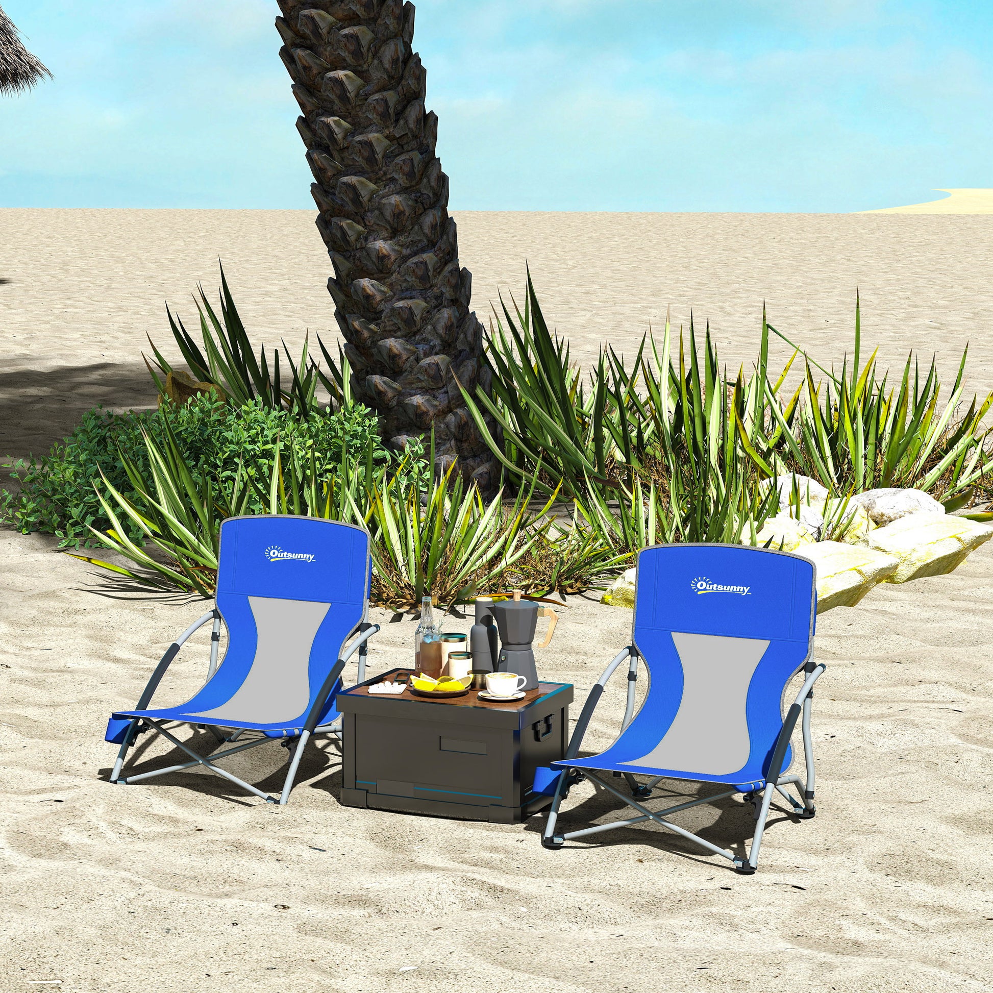 Pack of 2 Lightweight Foldable Beach Chairs Portable Low Camping Chairs with Mesh Backrest Cup Holder Armrests and Transport Bag for Camping Garden Fishing Load 120 kg Blue