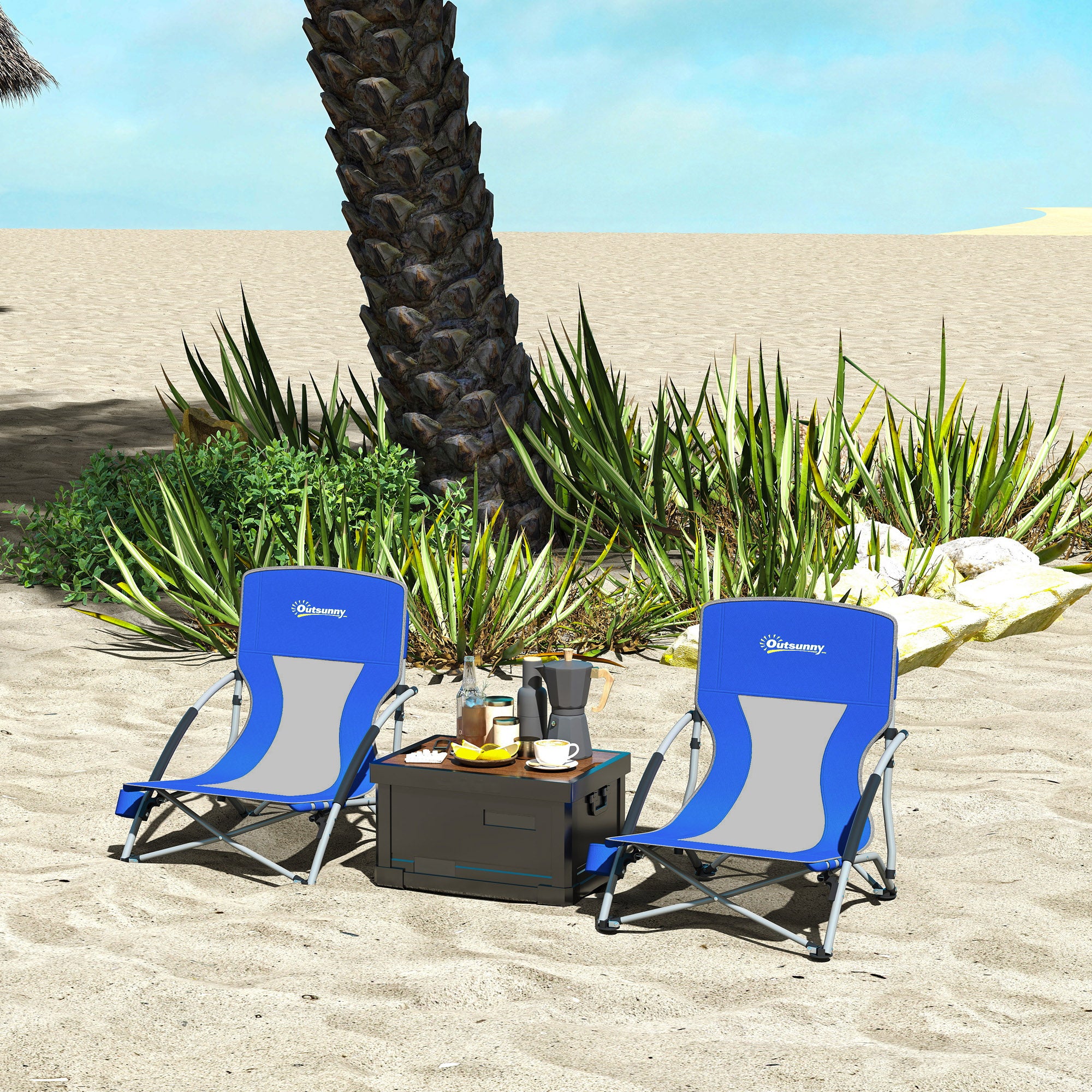 Pack of 2 Lightweight Foldable Beach Chairs Portable Low Camping Chairs with Mesh Backrest Cup Holder Armrests and Transport Bag for Camping Garden Fishing Load 120 kg Blue