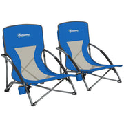 Pack of 2 Lightweight Foldable Beach Chairs Portable Low Camping Chairs with Mesh Backrest Cup Holder Armrests and Transport Bag for Camping Garden Fishing Load 120 kg Blue