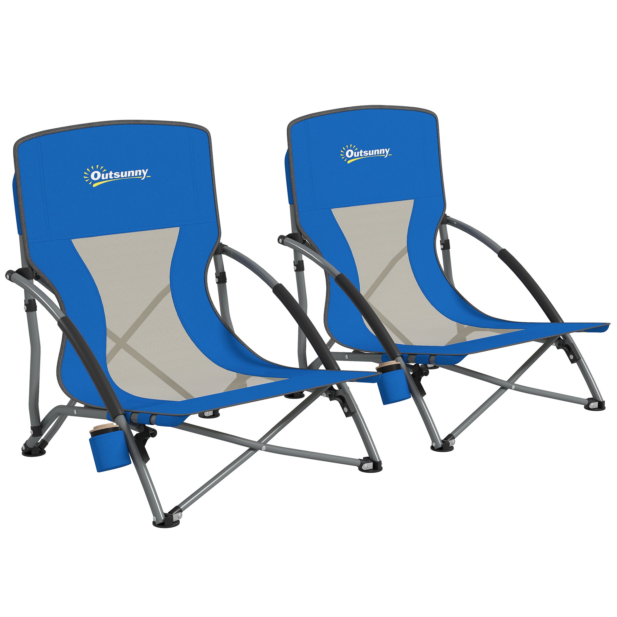 Pack of 2 Lightweight Foldable Beach Chairs Portable Low Camping Chairs with Mesh Backrest Cup Holder Armrests and Transport Bag for Camping Garden Fishing Load 120 kg Blue