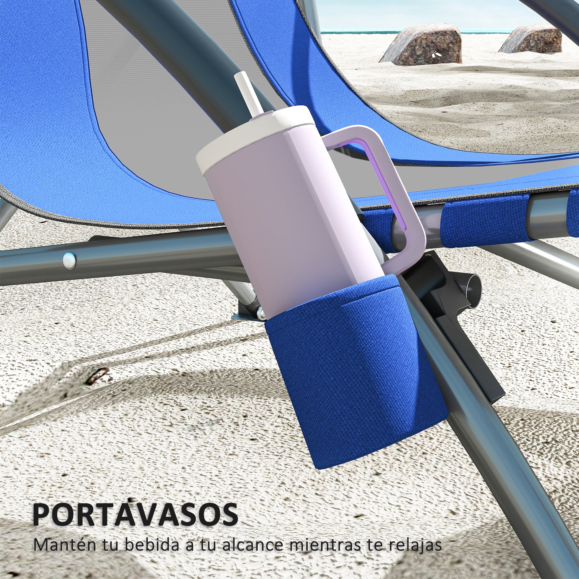 Pack of 2 Lightweight Foldable Beach Chairs Portable Low Camping Chairs with Mesh Backrest Cup Holder Armrests and Transport Bag for Camping Garden Fishing Load 120 kg Blue
