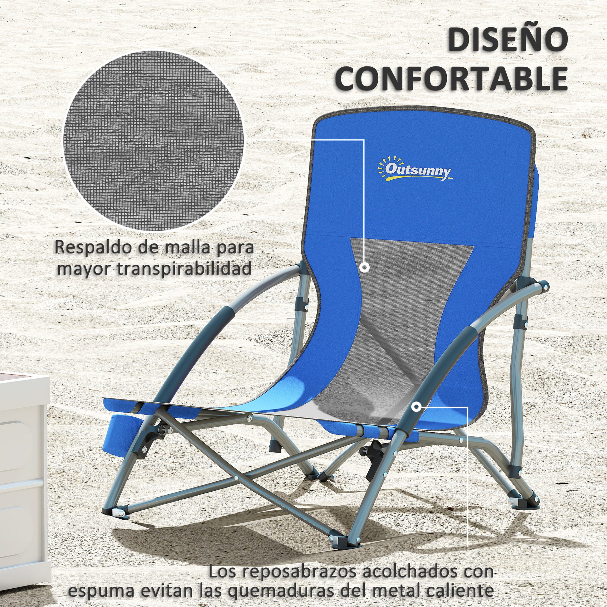 Pack of 2 Lightweight Foldable Beach Chairs Portable Low Camping Chairs with Mesh Backrest Cup Holder Armrests and Transport Bag for Camping Garden Fishing Load 120 kg Blue
