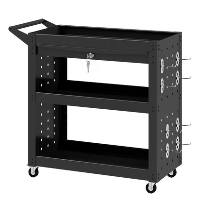 Tool Cart (Empty) – 3-Tier Workshop Trolley with Peg Panels & Lockable Drawer, Locking Casters, 198 lb Capacity, Black