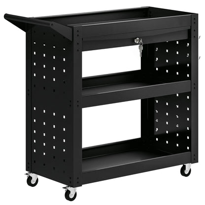 Tool Cart (Empty) – 3-Tier Workshop Trolley with Peg Panels & Lockable Drawer, Locking Casters, 198 lb Capacity, Black