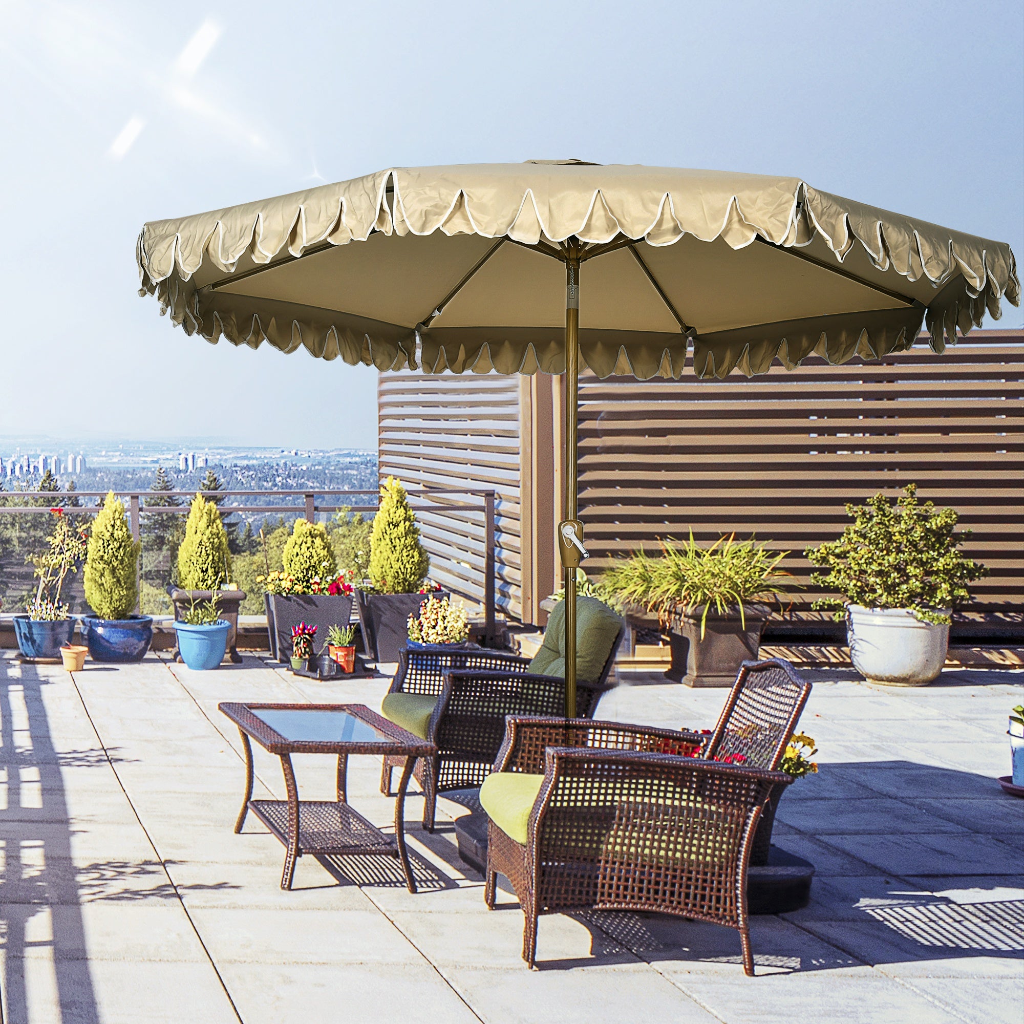 Garden Parasol Tilted Round Parasol Ø 264 cm with High-Density UV-Resistant Polyester Fabric Fringed Canopy Detachable Mast 8 Ribs - Beige