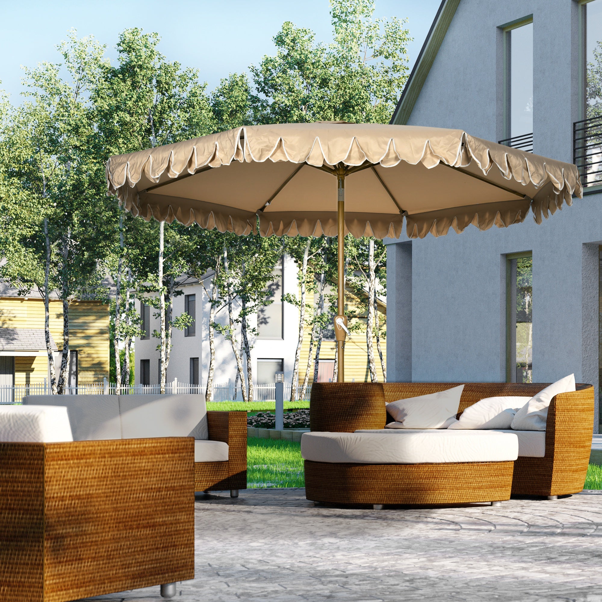 Garden Parasol Tilted Round Parasol Ø 264 cm with High-Density UV-Resistant Polyester Fabric Fringed Canopy Detachable Mast 8 Ribs - Beige