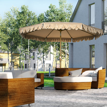 Garden Parasol Tilted Round Parasol Ø 264 cm with High-Density UV-Resistant Polyester Fabric Fringed Canopy Detachable Mast 8 Ribs - Beige