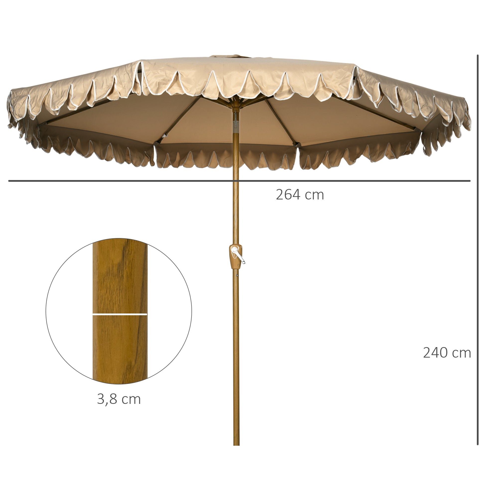 Garden Parasol Tilted Round Parasol Ø 264 cm with High-Density UV-Resistant Polyester Fabric Fringed Canopy Detachable Mast 8 Ribs - Beige