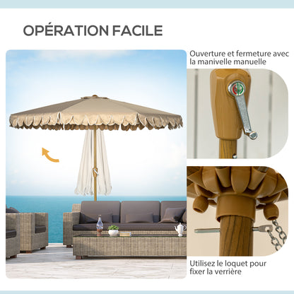 Garden Parasol Tilted Round Parasol Ø 264 cm with High-Density UV-Resistant Polyester Fabric Fringed Canopy Detachable Mast 8 Ribs - Beige