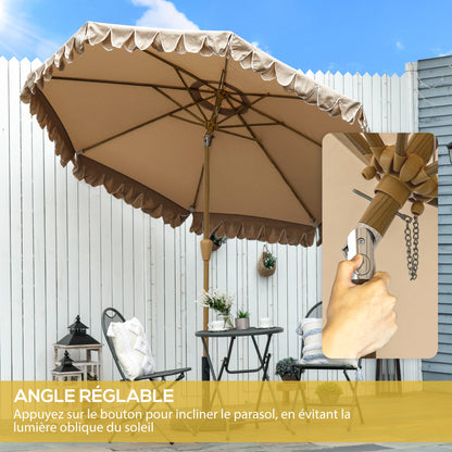 Garden Parasol Tilted Round Parasol Ø 264 cm with High-Density UV-Resistant Polyester Fabric Fringed Canopy Detachable Mast 8 Ribs - Beige
