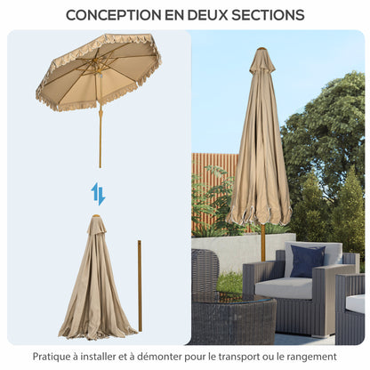 Garden Parasol Tilted Round Parasol Ø 264 cm with High-Density UV-Resistant Polyester Fabric Fringed Canopy Detachable Mast 8 Ribs - Beige
