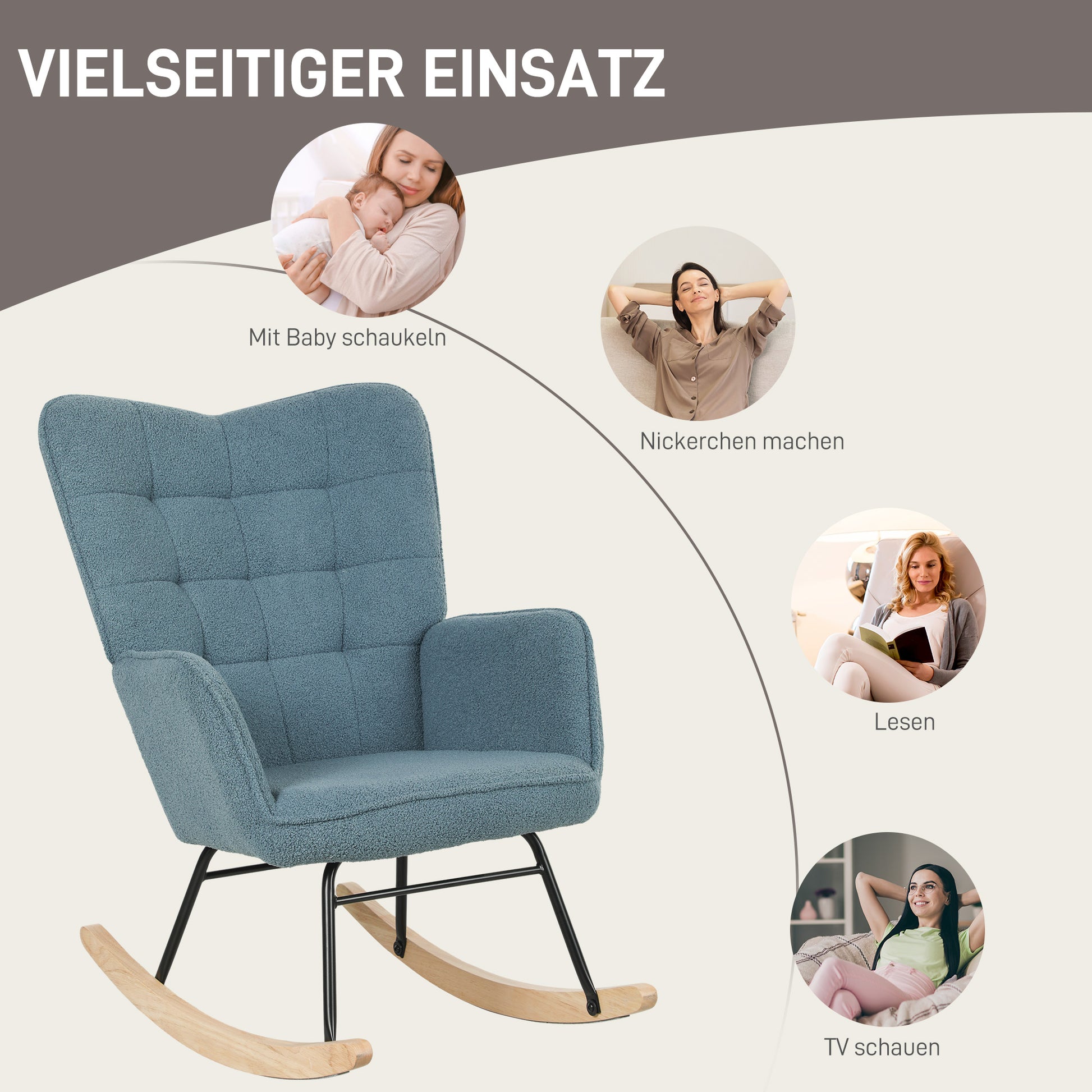 Rocking Chair, Rocking Armchair with Berber Fleece Look, Armrest, Padded Chair with Wooden Runners, Recliner for Living Room, Bedroom, up to 120kg load-bearing capacity, Light Blue