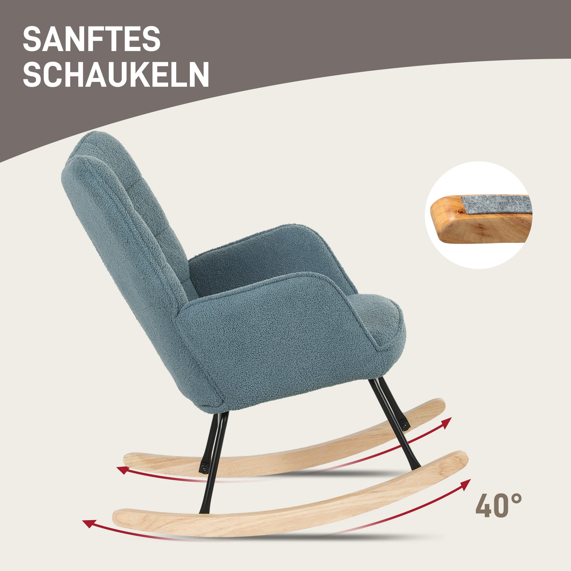 Rocking Chair, Rocking Armchair with Berber Fleece Look, Armrest, Padded Chair with Wooden Runners, Recliner for Living Room, Bedroom, up to 120kg load-bearing capacity, Light Blue