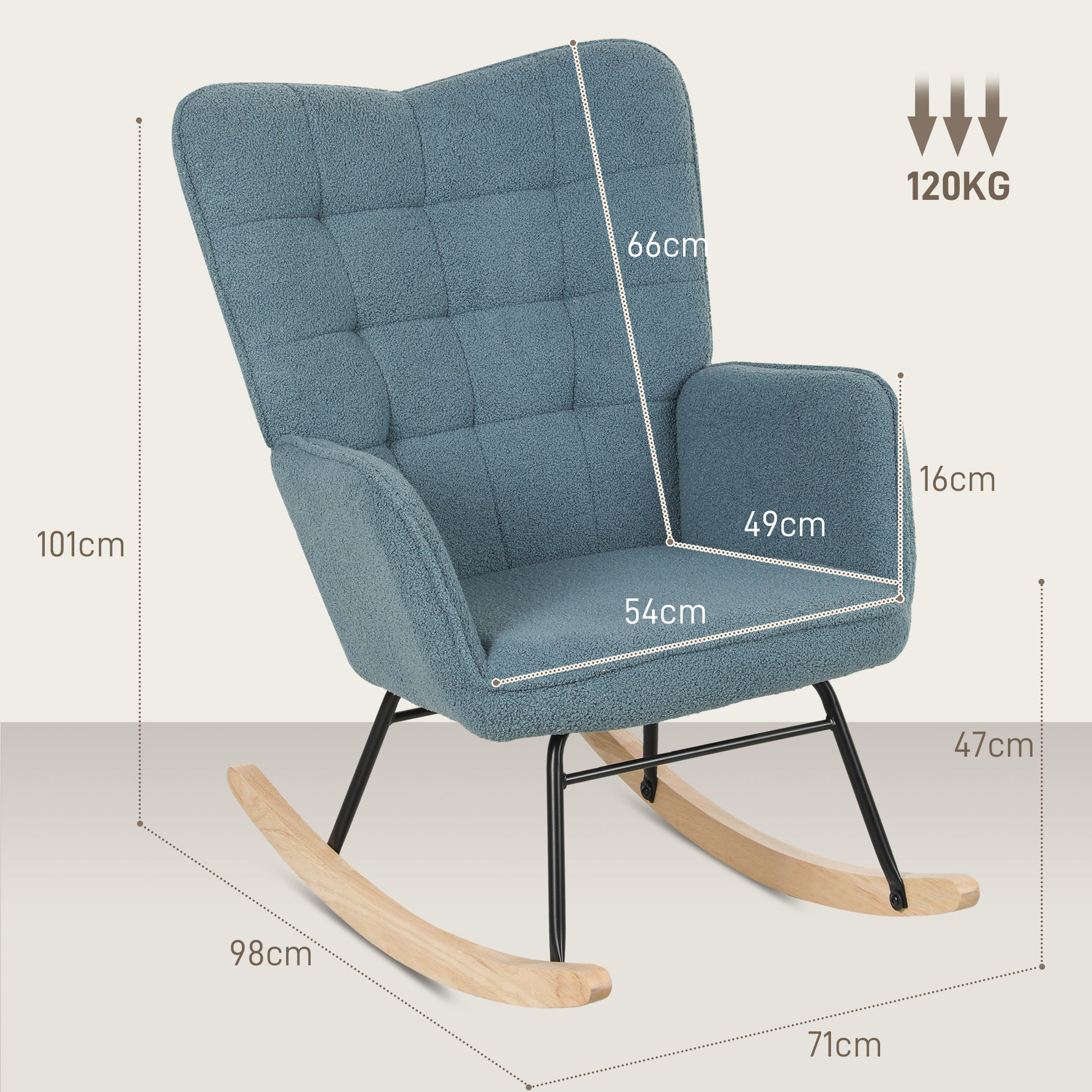 Rocking Chair, Rocking Armchair with Berber Fleece Look, Armrest, Padded Chair with Wooden Runners, Recliner for Living Room, Bedroom, up to 120kg load-bearing capacity, Light Blue